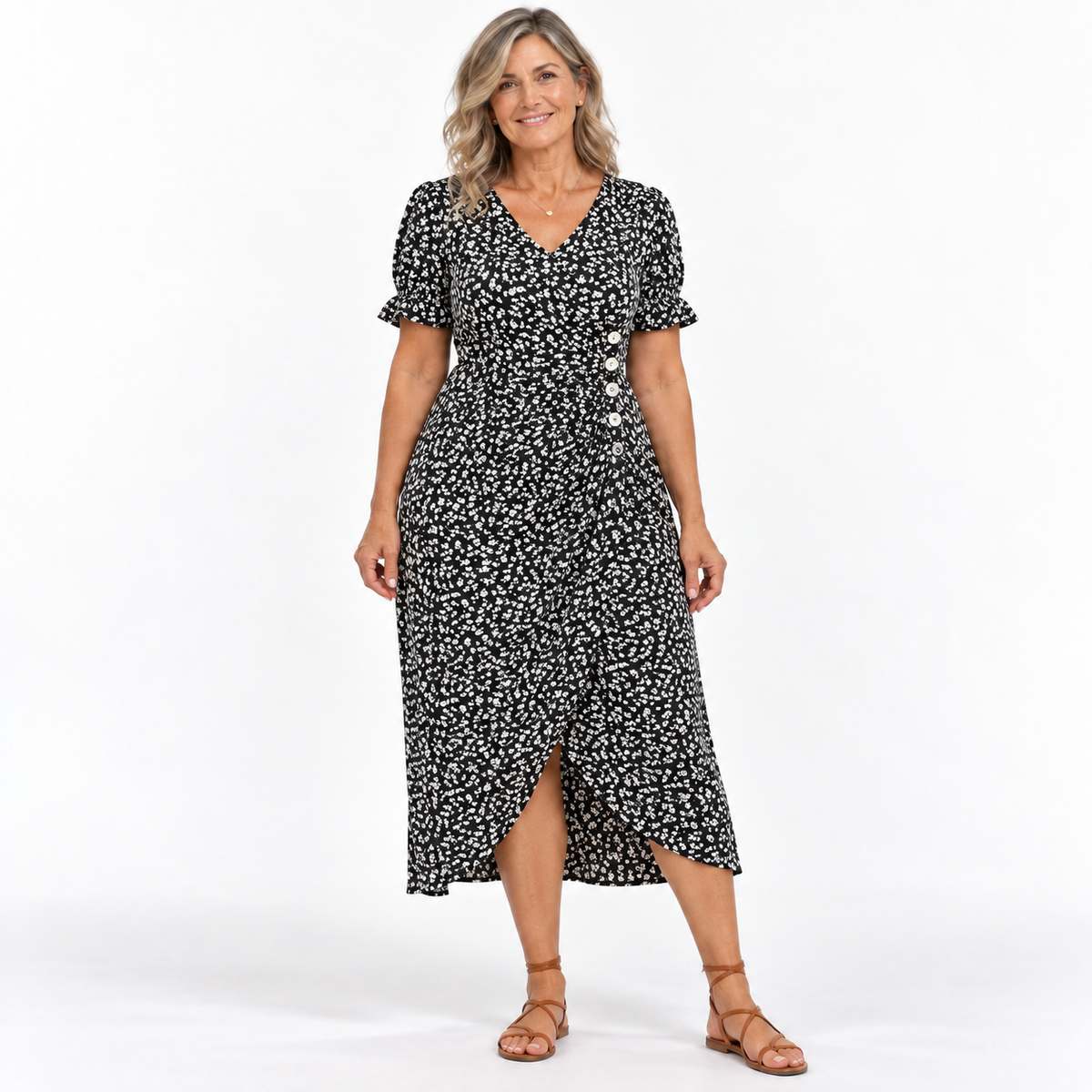 Amilia | Floral Wrap Midi Dress with Short Sleeves for Women