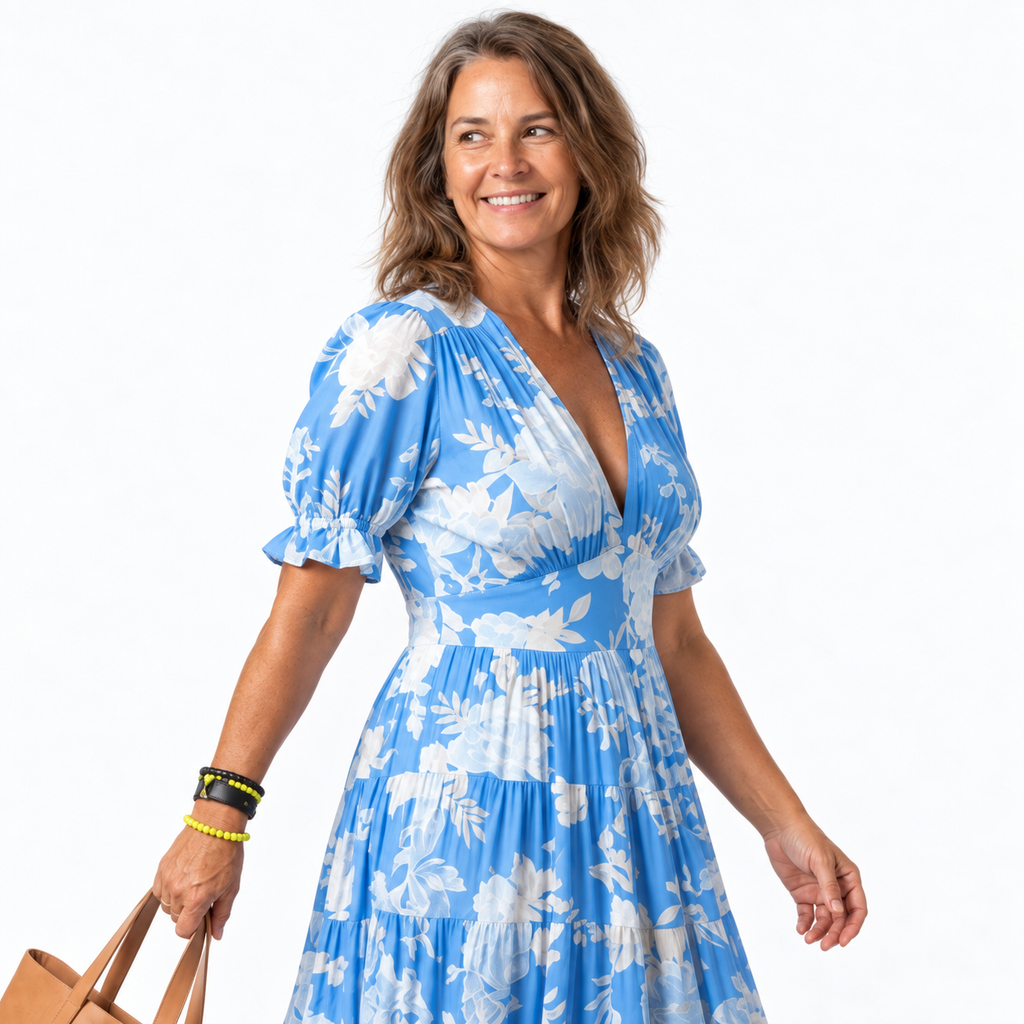 Robe longue pour femme - décolleté en V avec poches été