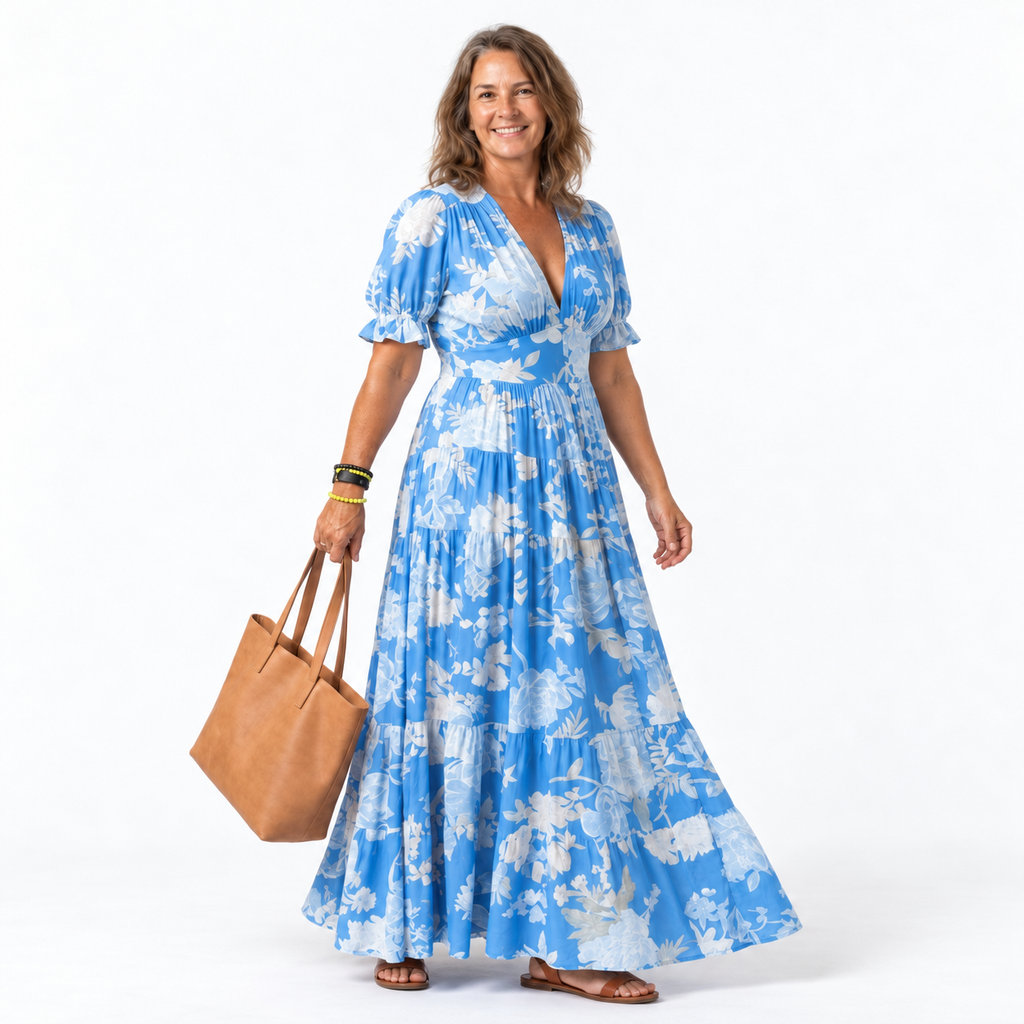 Robe longue pour femme - décolleté en V avec poches été