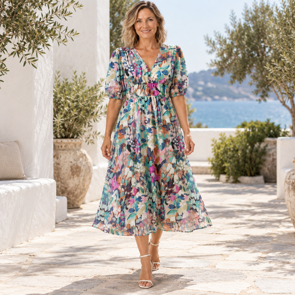 Zerina | Flowy Midi Dress with V Neck