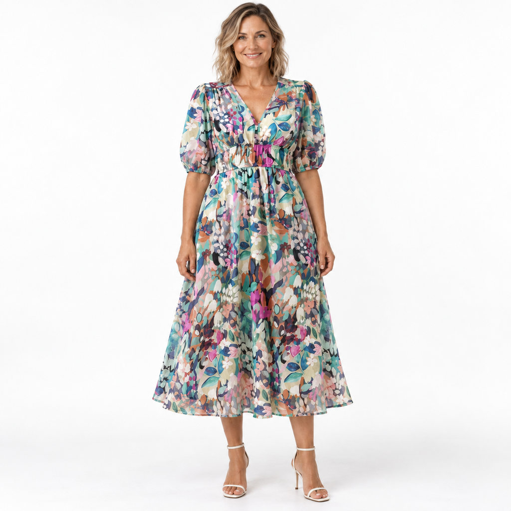 Zerina | Flowy Midi Dress with V Neck