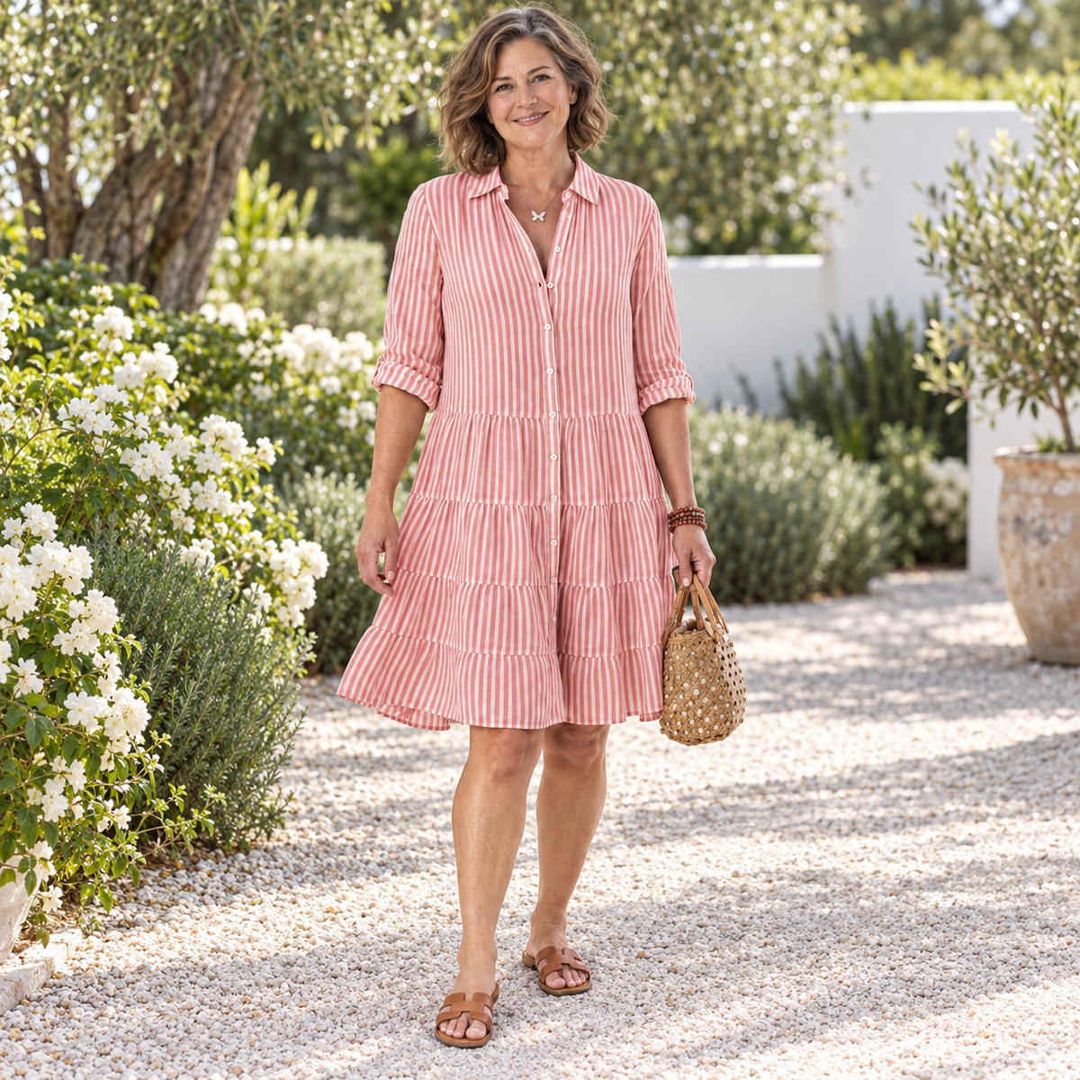 Striped Tiered Midi Dress With Shirt Collar