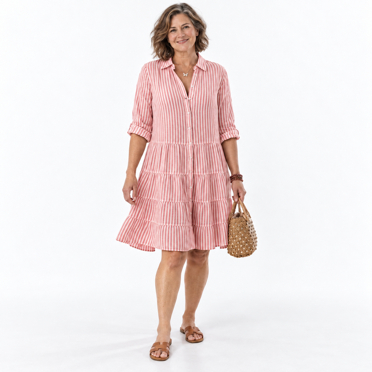 Striped Tiered Midi Dress With Shirt Collar