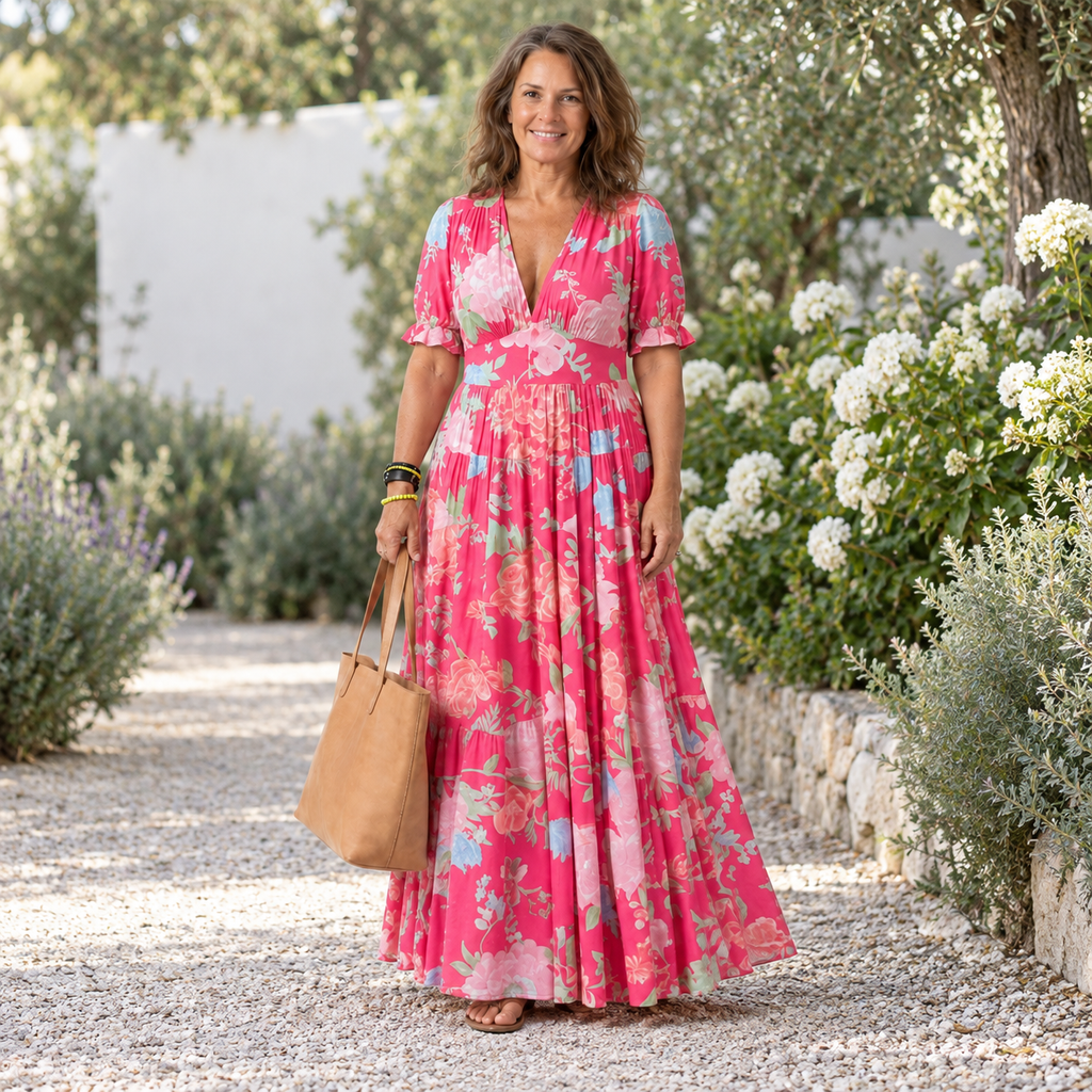 Ione | Short Sleeve V Neck Floral Midi Dress