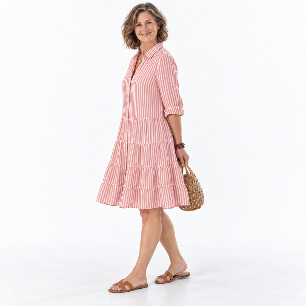Striped Tiered Midi Dress With Shirt Collar
