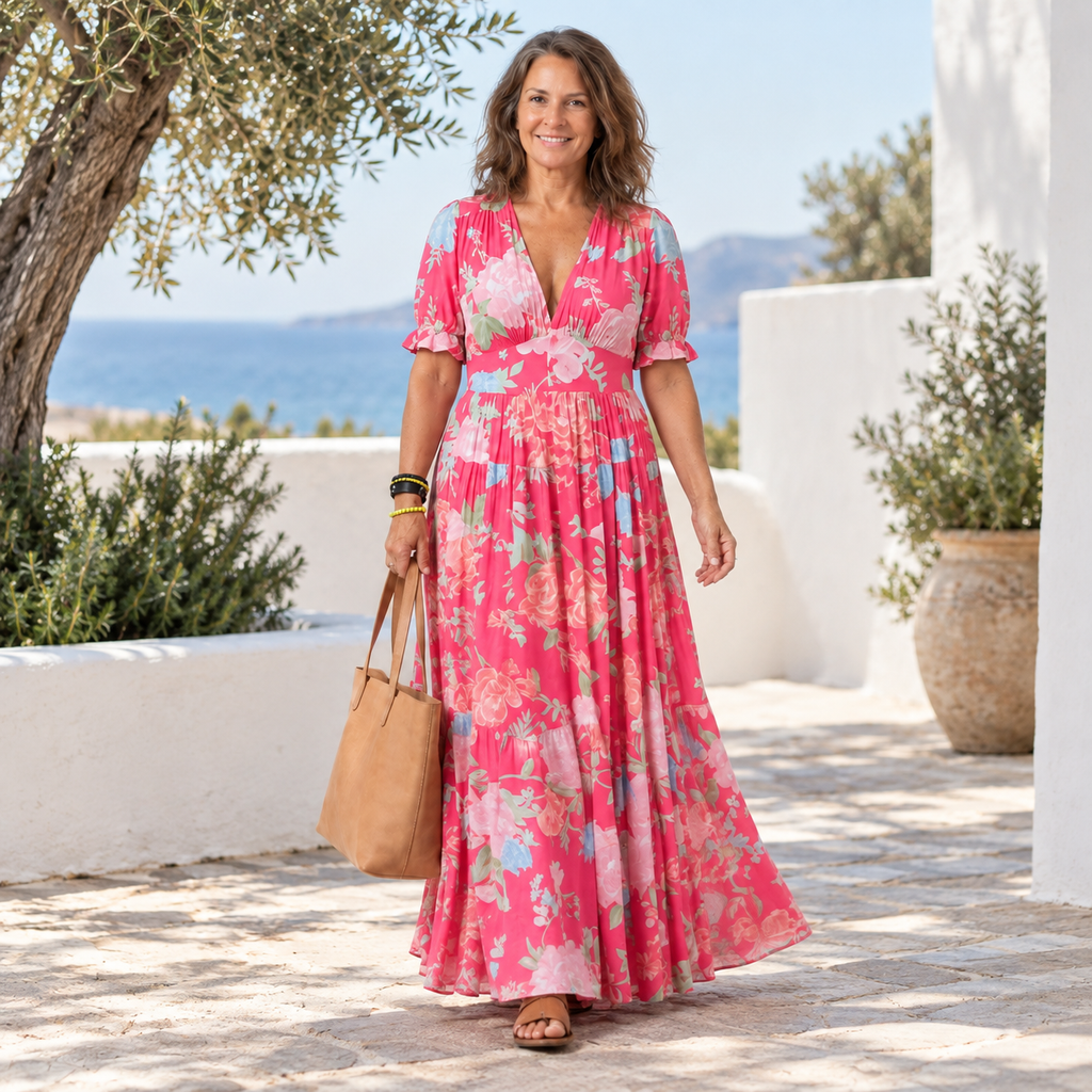 Ione | Short Sleeve V Neck Floral Midi Dress