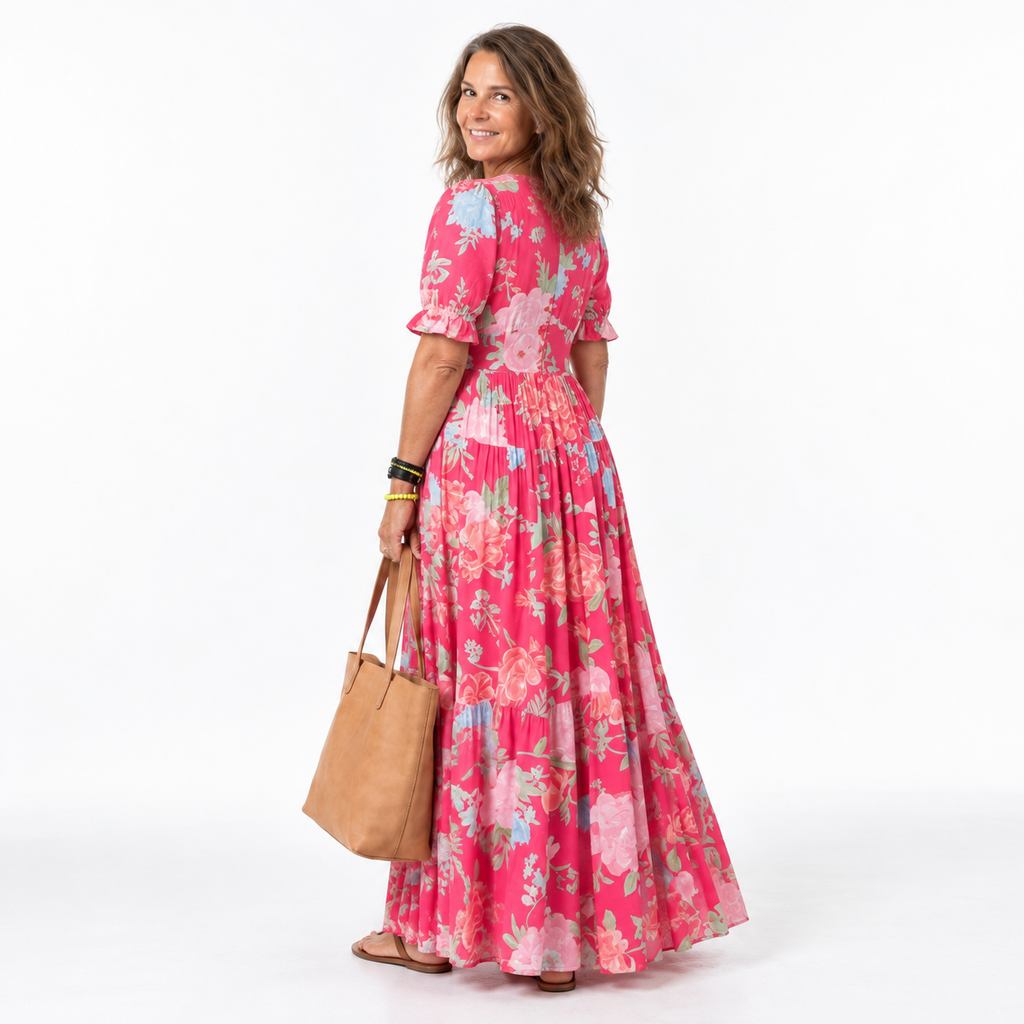 Ione | Short Sleeve V Neck Floral Midi Dress