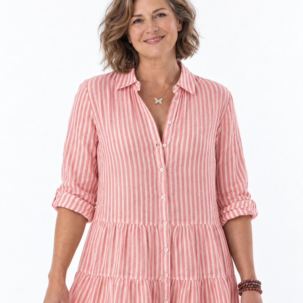 Striped Tiered Midi Dress With Shirt Collar