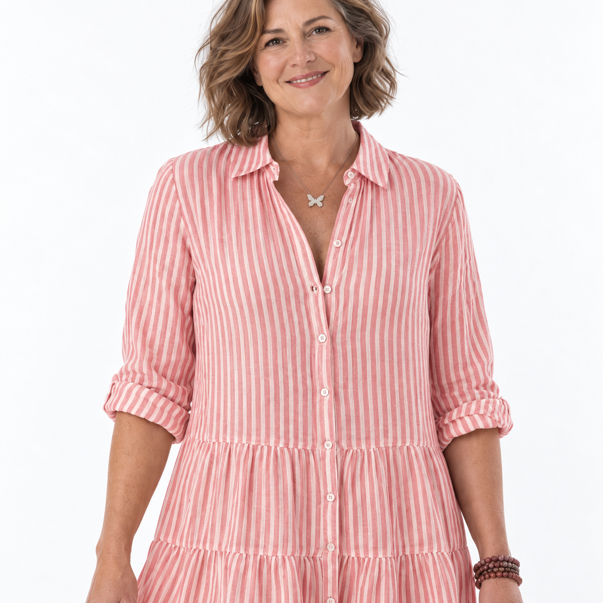 Striped Tiered Midi Dress With Shirt Collar