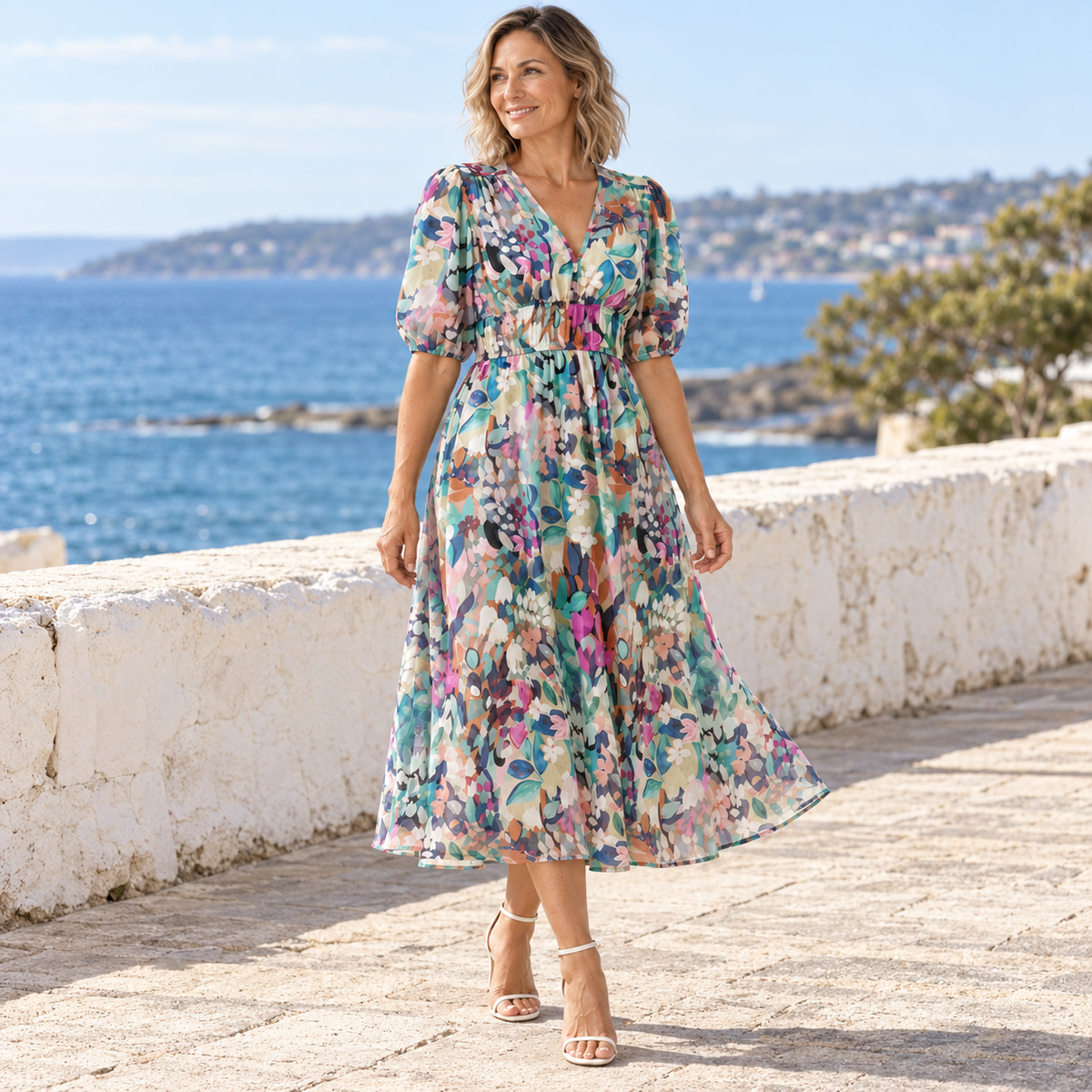 Zerina | Flowy Midi Dress with V Neck