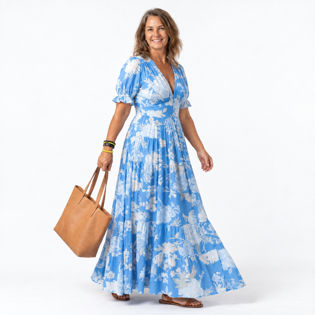 Robe longue pour femme - décolleté en V avec poches été