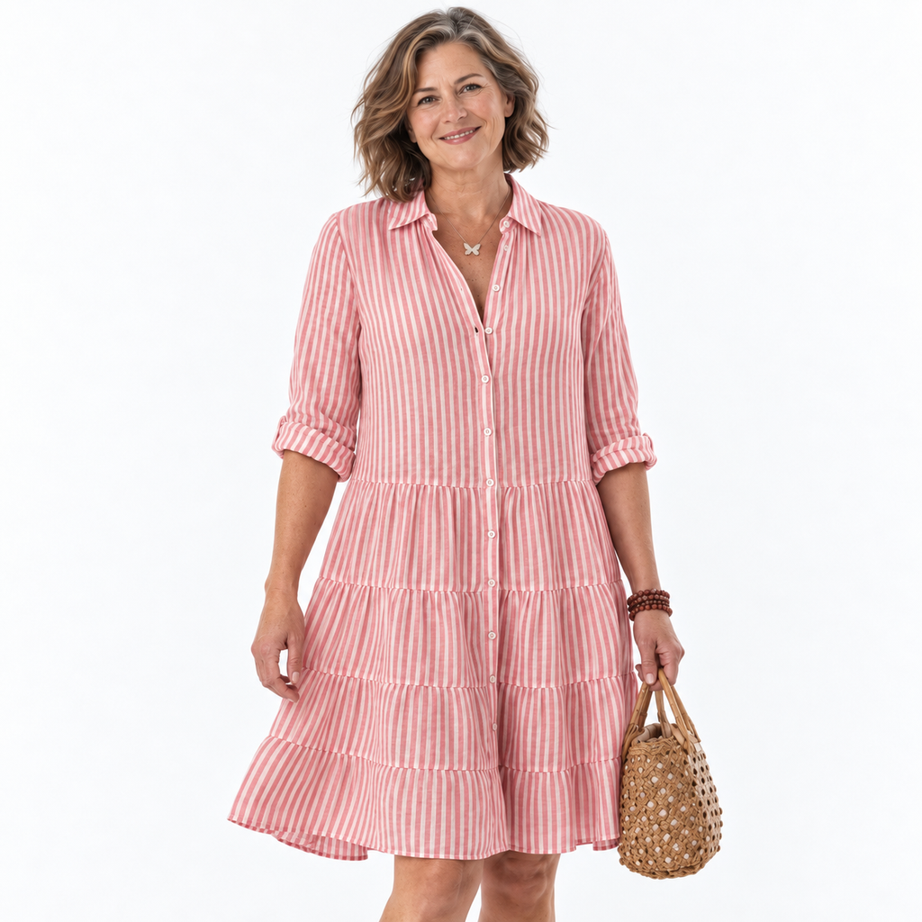Striped Tiered Midi Dress With Shirt Collar