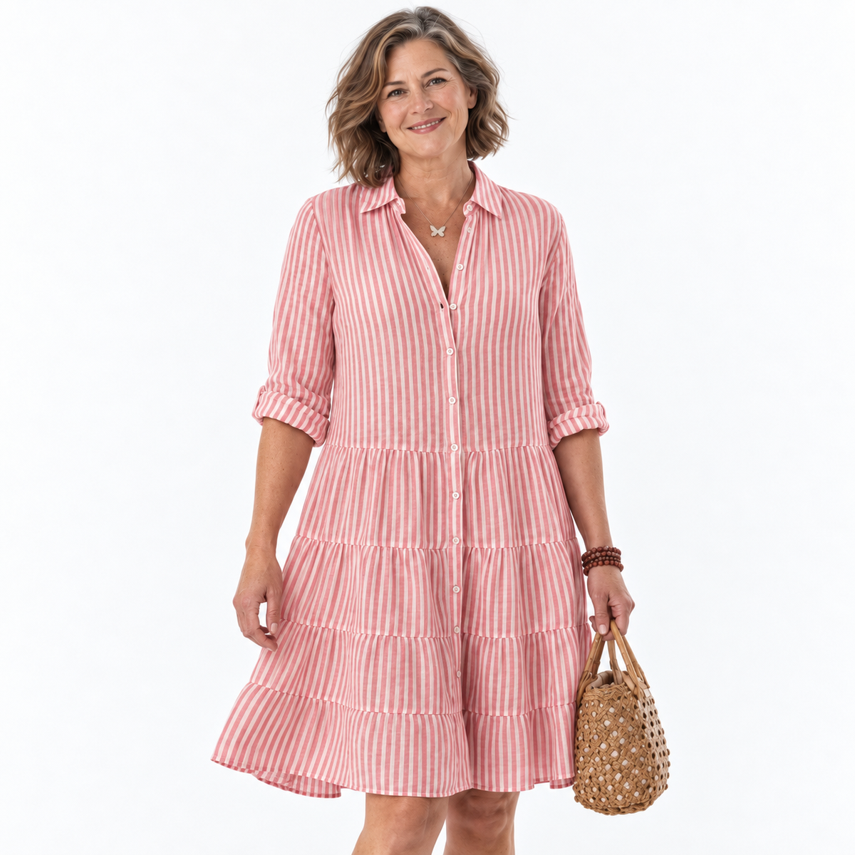 Striped Tiered Midi Dress With Shirt Collar